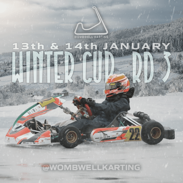 Image of a kart racing along a snow covered track with snow covered mountains and trees in the background with Wombwell Kart Circuit Logo on it.