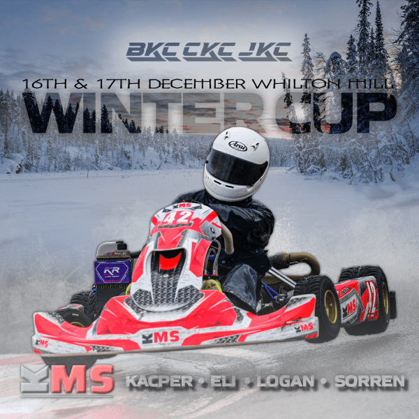 Kato Motorsport kart racing at whilton mill on an ice track with snow covered trees in the background