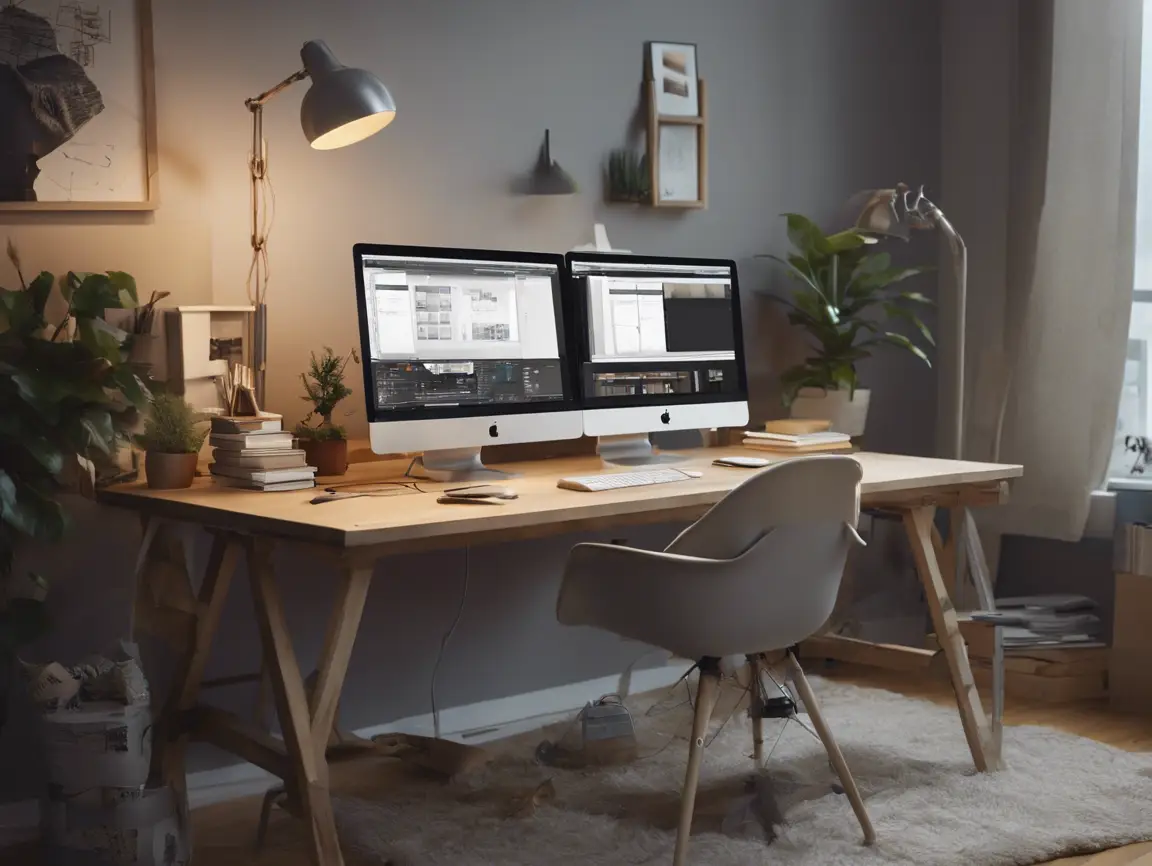 a desk with two computers on it