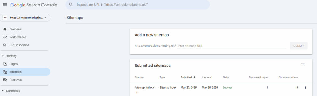 Google Search Console dashboard showing the sitemap submission screen for https://ontrackmarketing.uk, with sitemap status marked as "Success".